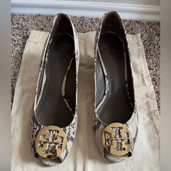 Tory Burch Shoes - TORY BURCH REVA SNAKESKIN PEEP-TOE WEDGES